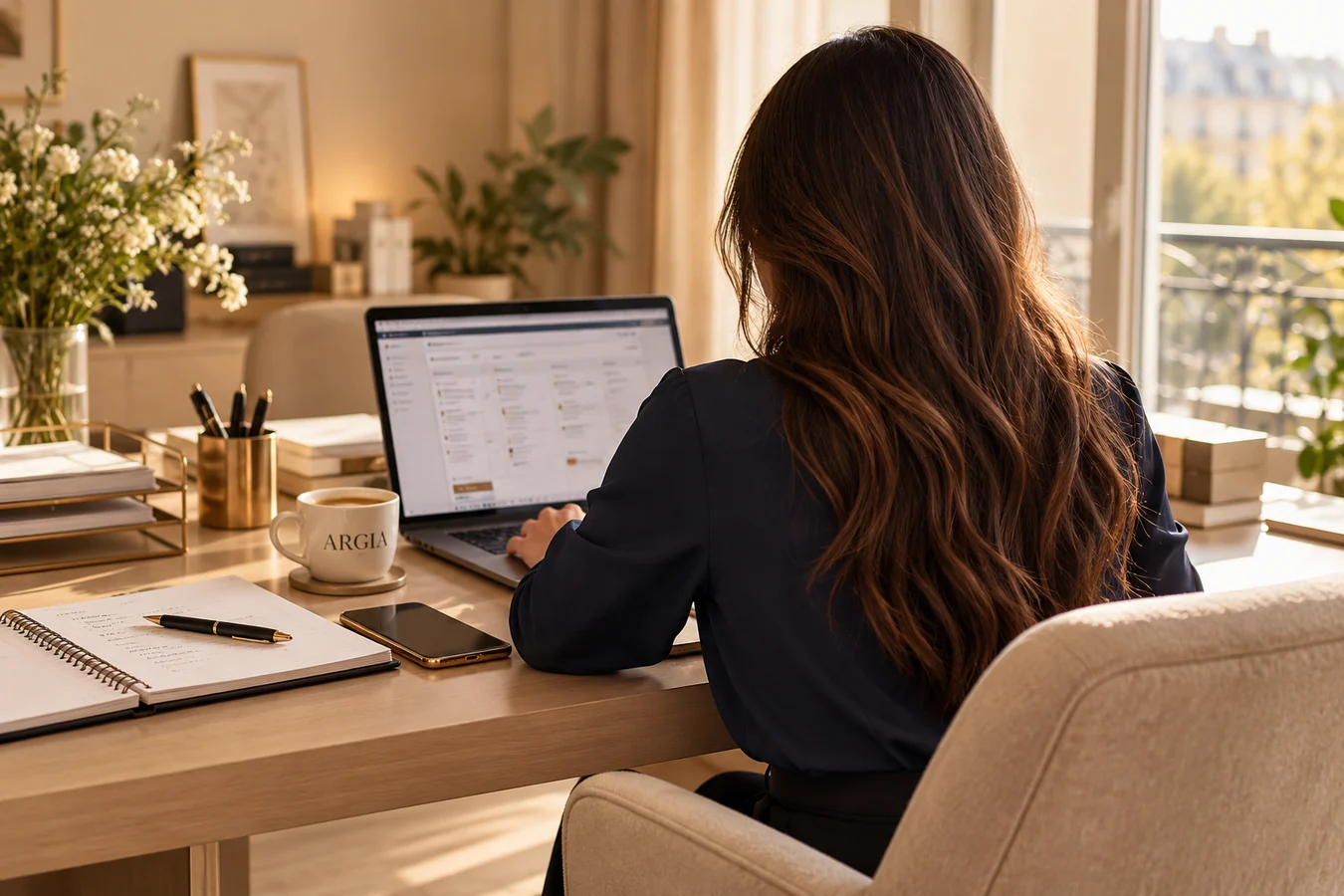Illustration d’une professionnelle brune vue de dos dans un bureau beige avec ordinateur, cahier, téléphone et tasse ARGIA